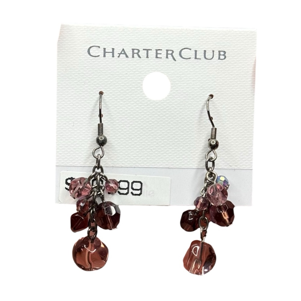 CHARTER CLUB Macy's Mauve Purple Beaded Clear Gunmetal Hook Dangle Earrings NEW